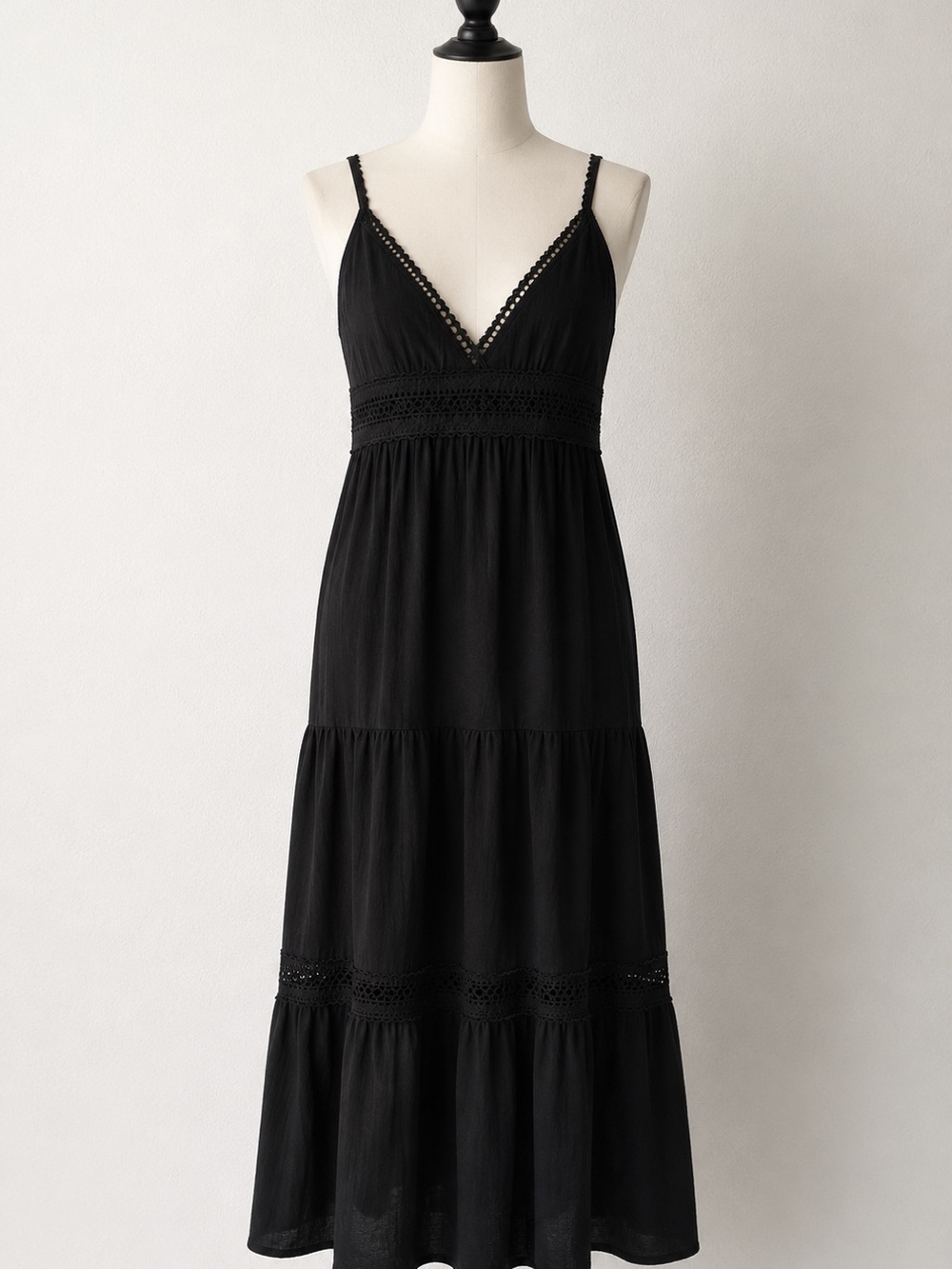 Audrey Parks Francesca’s XL Black Tiered Maxi Dress Boho Crochet Lace Cami